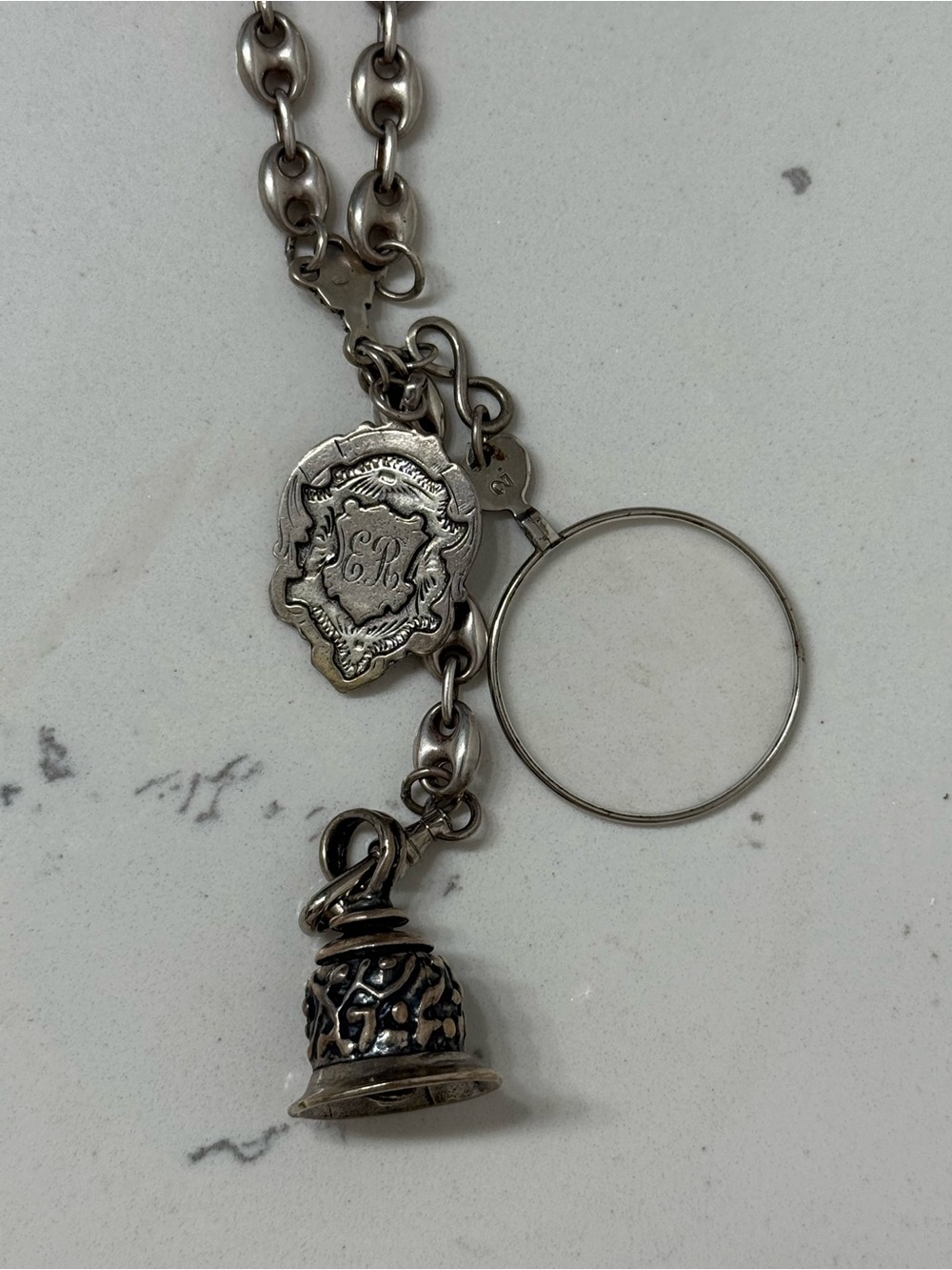 Sterling Silver Puffed Mariner Chain Necklace with Victorian-Style Fob Charms - Picture 4 of 8